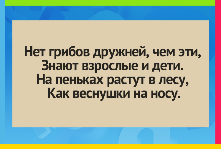 Нет грибов дружней, чем эти, Знают взрослые и дети. На пеньках растут в лесу, Как веснушки на носу.