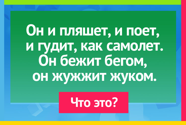 Он и пляшет, и поет, И гудит, как самолет. Он бежит бегом, Он жужжит жуком.