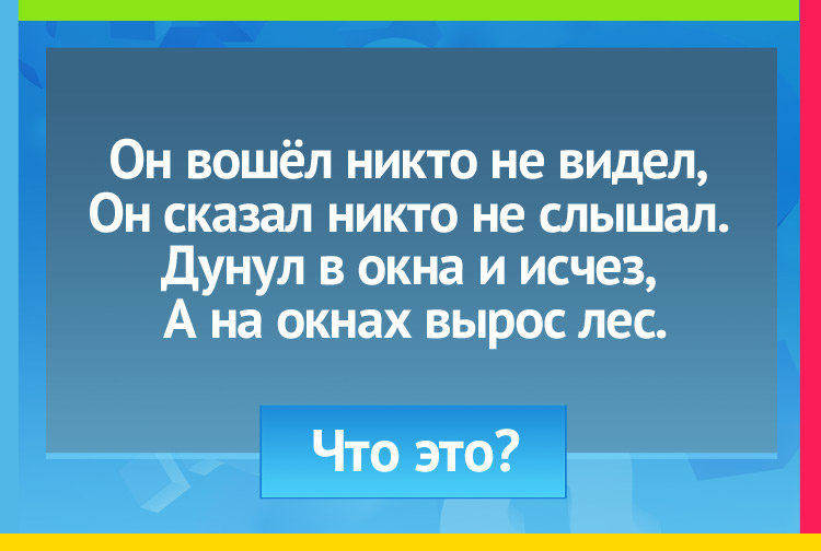 Он вошёл никто не видел, Он сказал никто не слышал. Дунул в окна и исчез, А на окнах вырос лес.