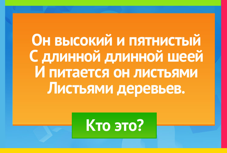 Он высокий и пятнистый С длинной длинной шеей И питается он листьями Листьями деревьев.